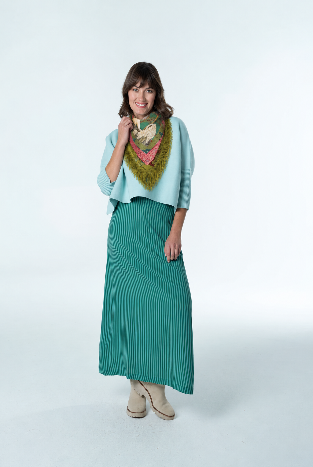 Fringed Crane Print Square Scarf: GREEN / One Size-Briton Court