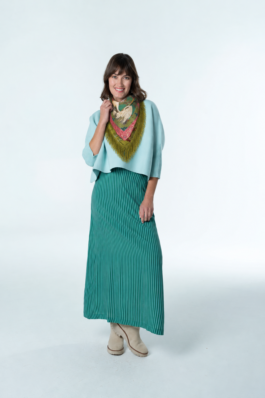 Fringed Crane Print Square Scarf: GREEN / One Size-Briton Court