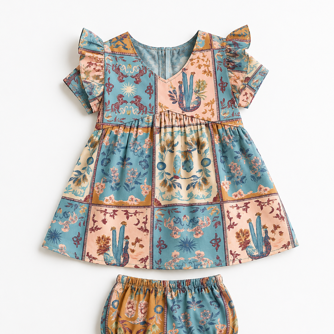 Lotus Baby Dress & Bloomer Set | Western Patchwork Baby Outfit-Briton Court