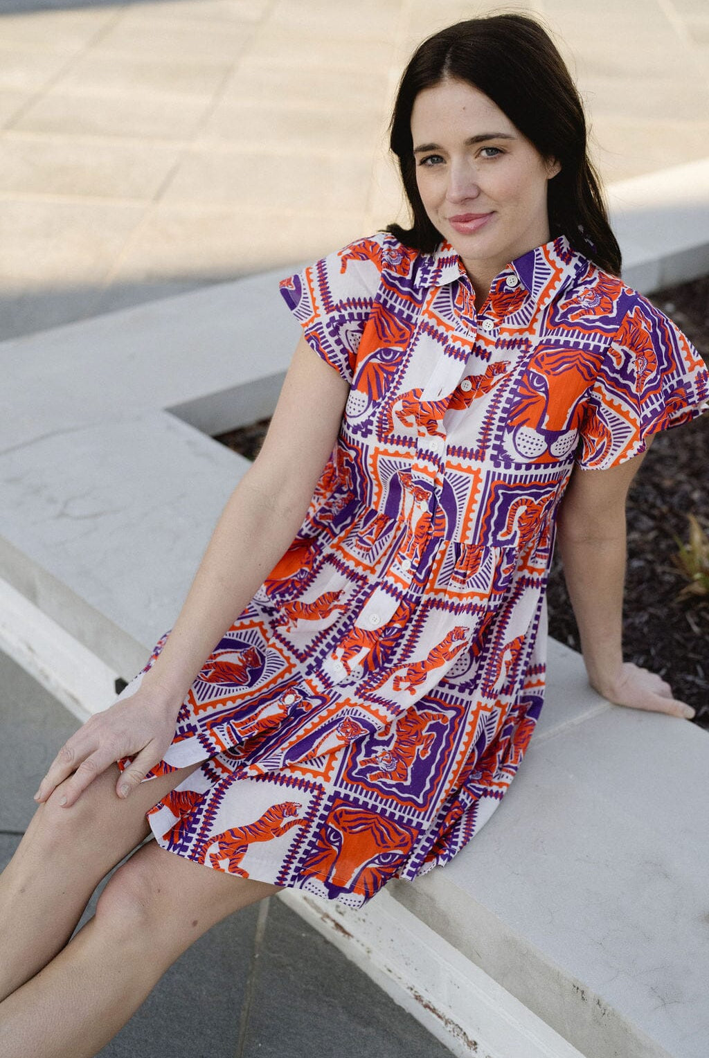 girl in clemson tiger dress on campus