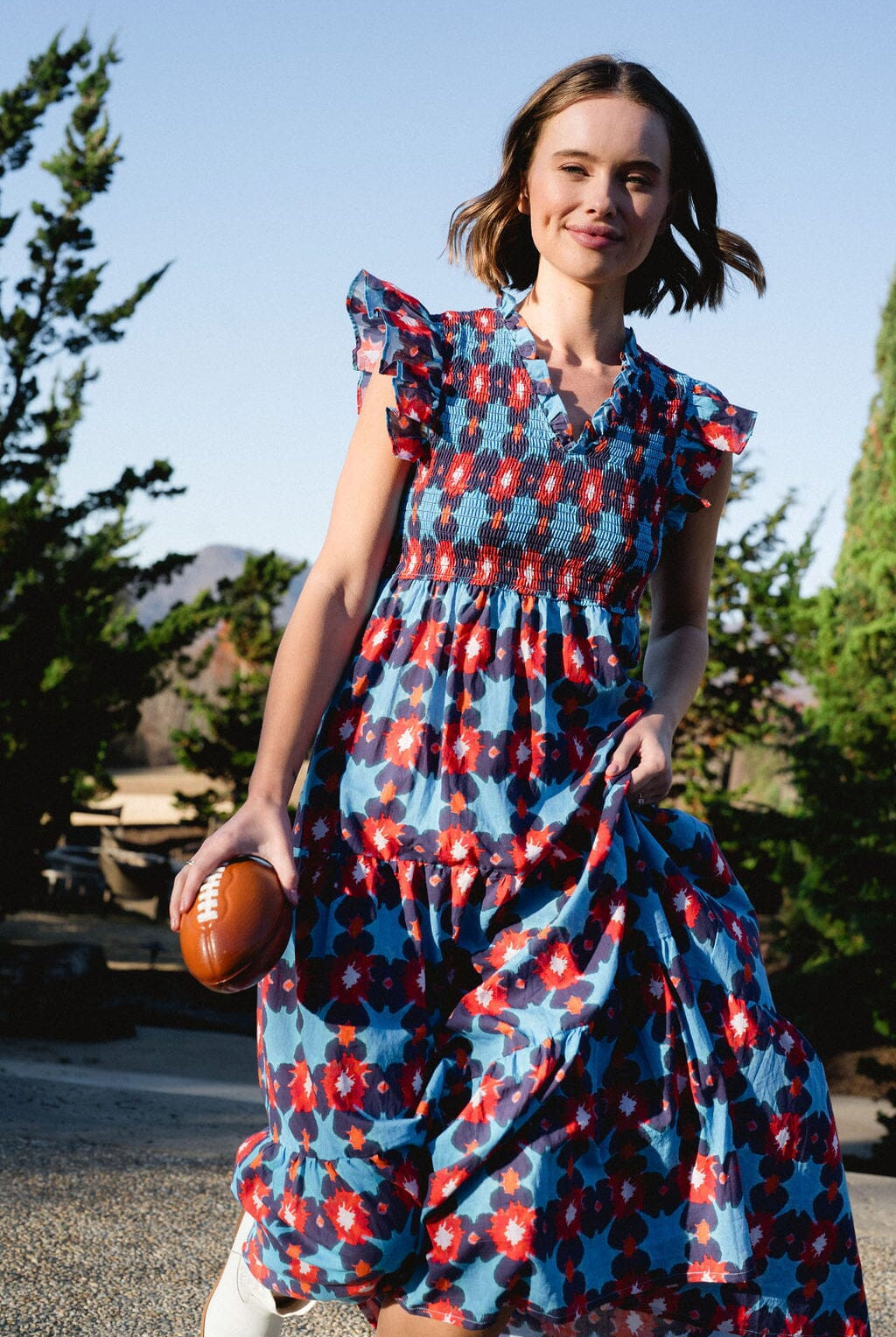 womens smocked flutter sleeve tie dye midi dress - briton court