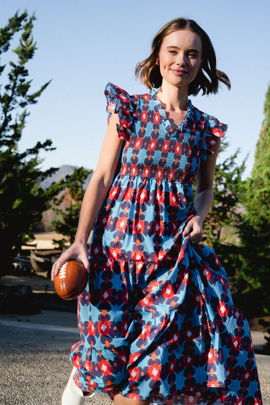 womens smocked flutter sleeve tie dye midi dress - briton court