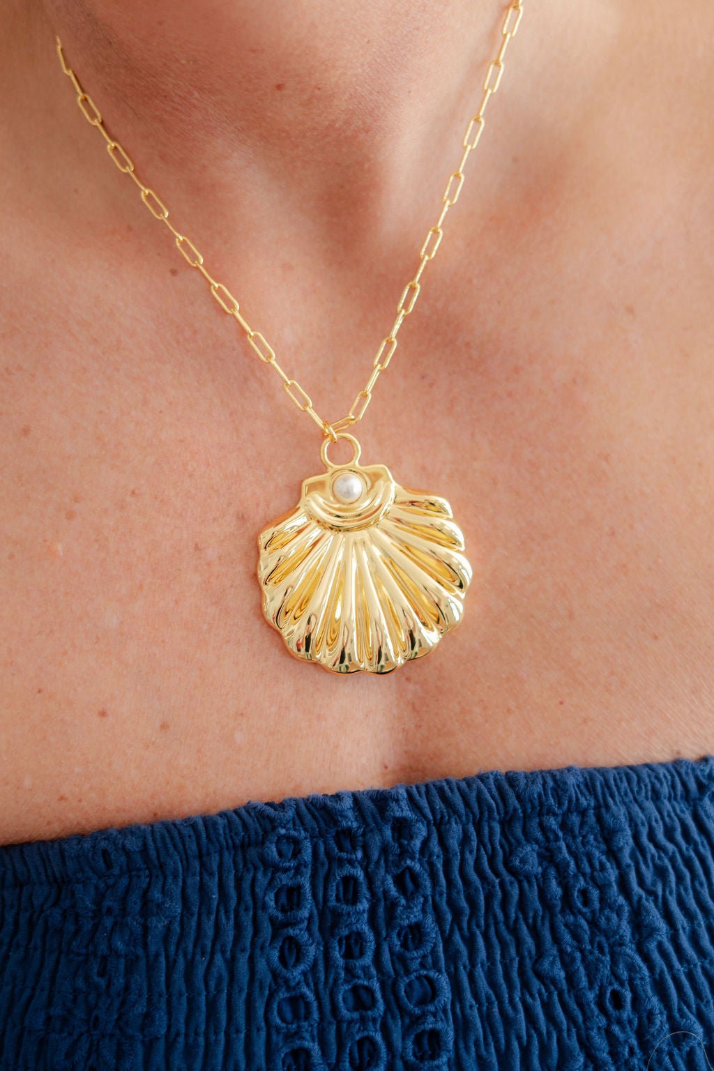 Ashley - Large Gold & Pearl Shell Charm Necklace - 18k Gold Plated-Briton Court