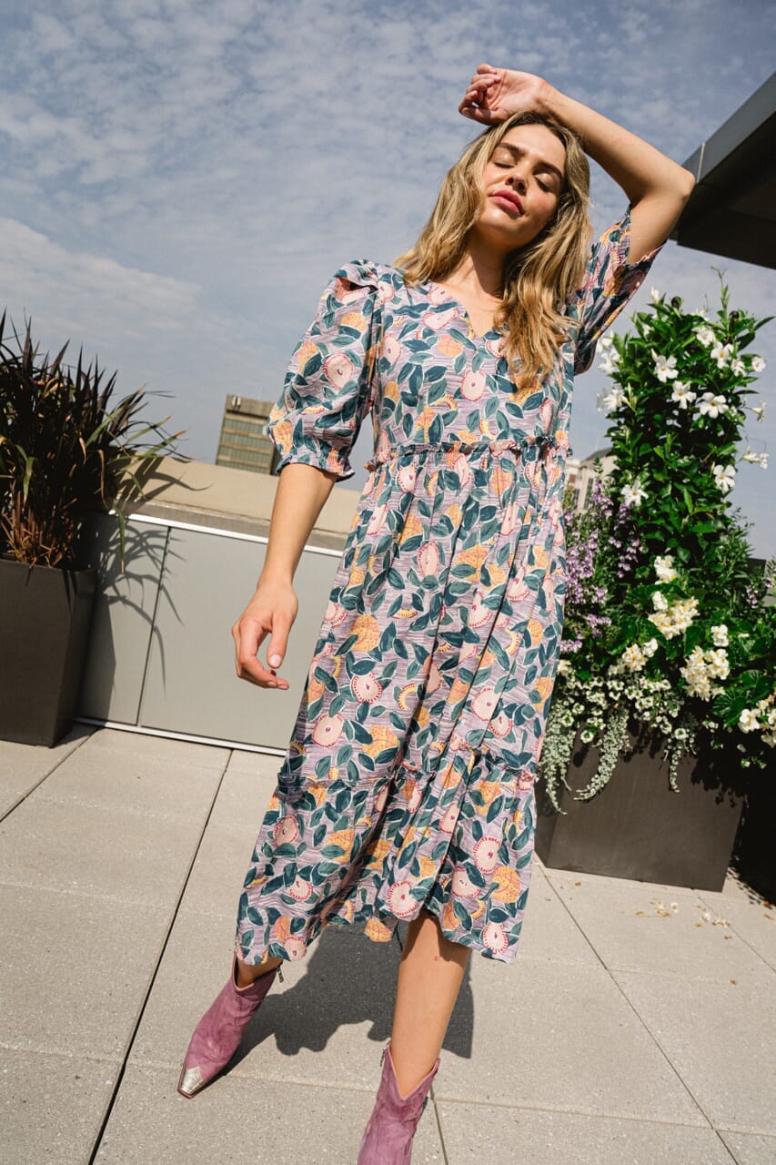 Whit Flounce Dress- Lilac Fruit & Leaves-Briton Court