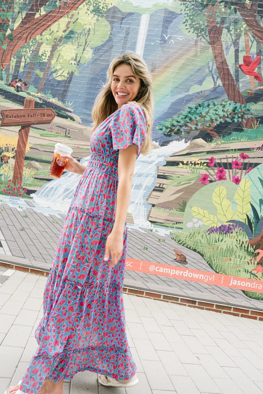 womens strawberry printed maxi dress - briton court