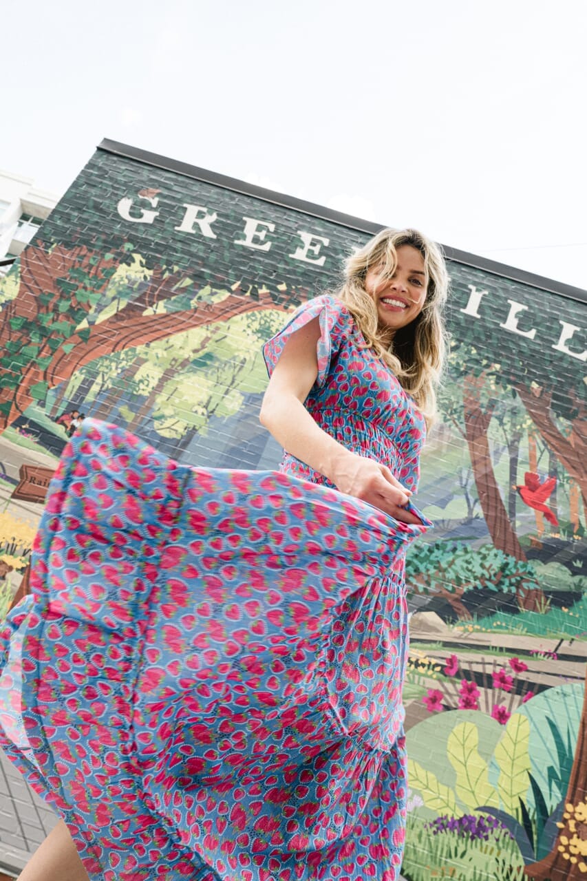 womens strawberry printed maxi dress - briton court