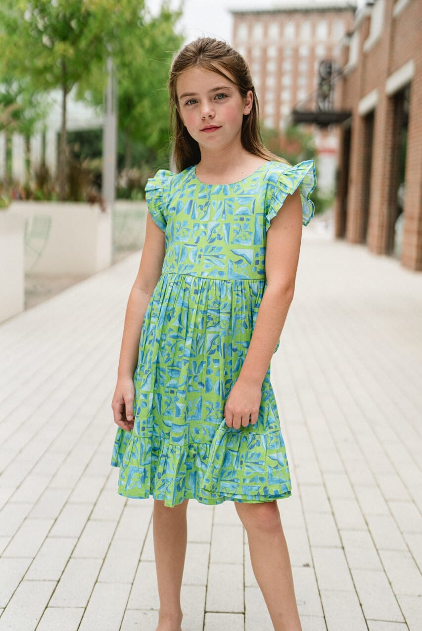 girls ruffle sleeve green printed dress - briton court