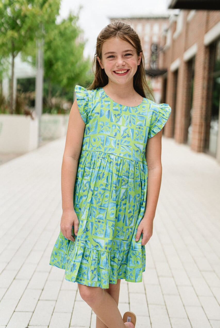 girls ruffle sleeve green printed dress - briton court