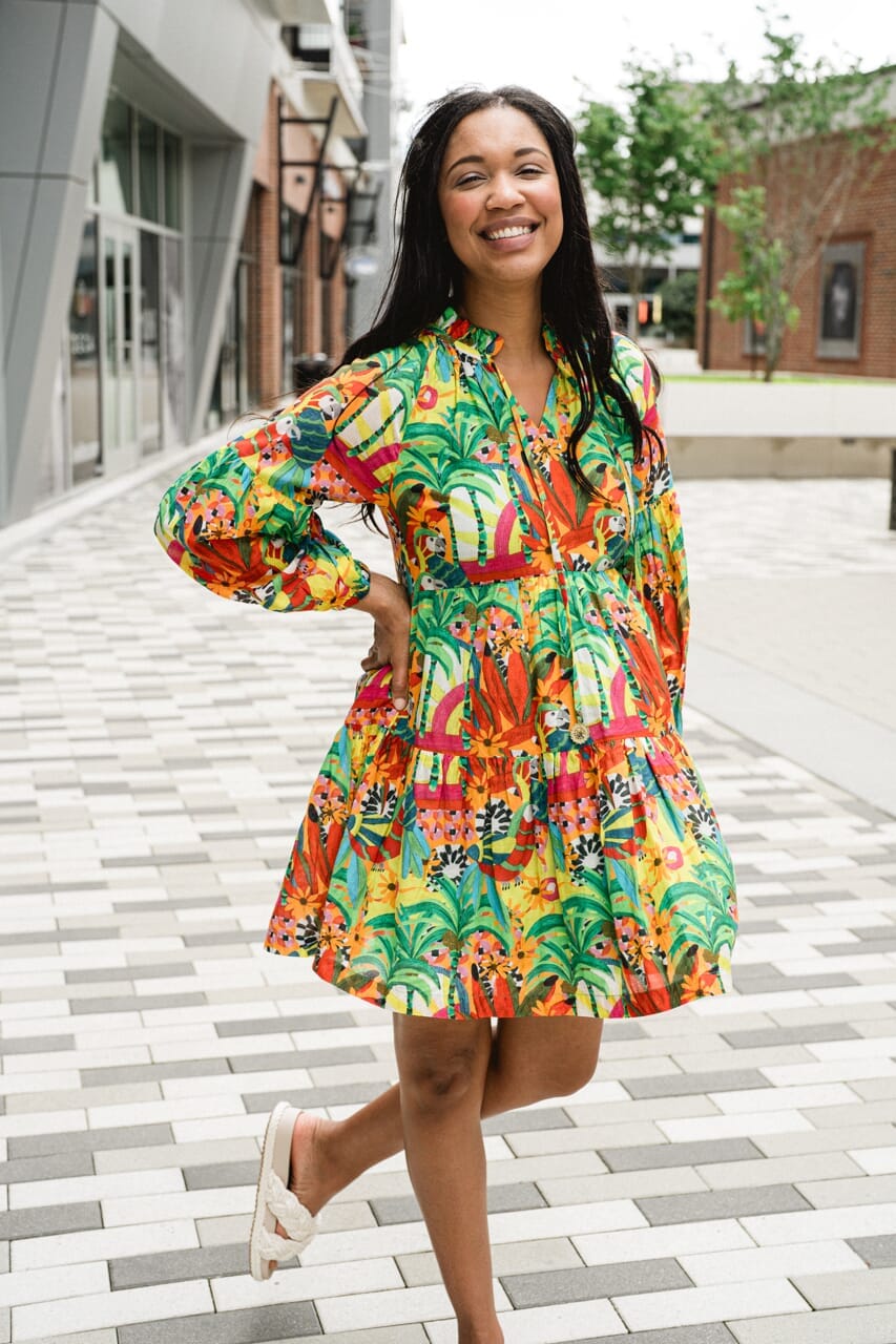 woman wearing printed mini dress - briton court