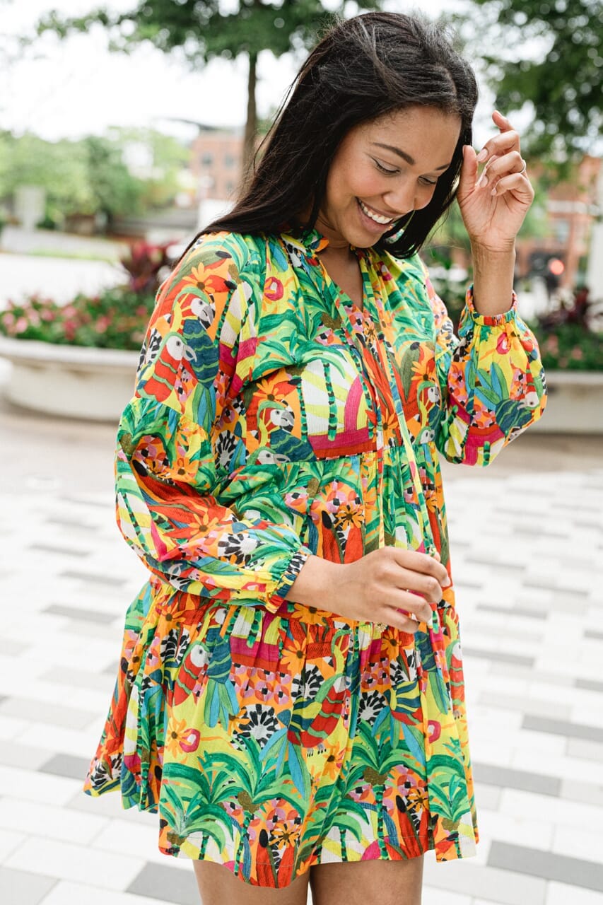 woman wearing printed mini dress - briton court