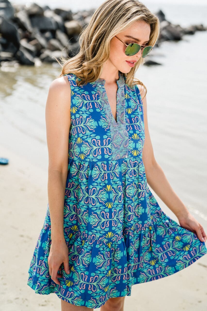 womens blue printed dress - briton court