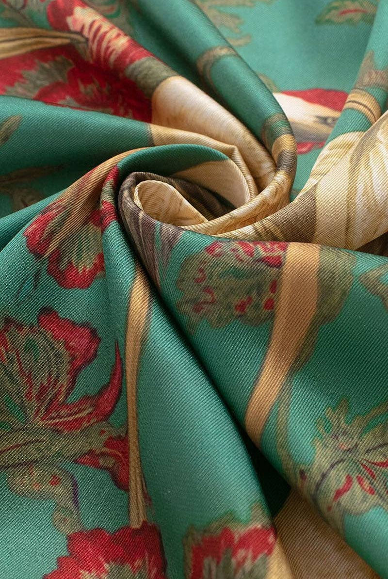 Fringed Crane Print Square Scarf: GREEN / One Size-Briton Court