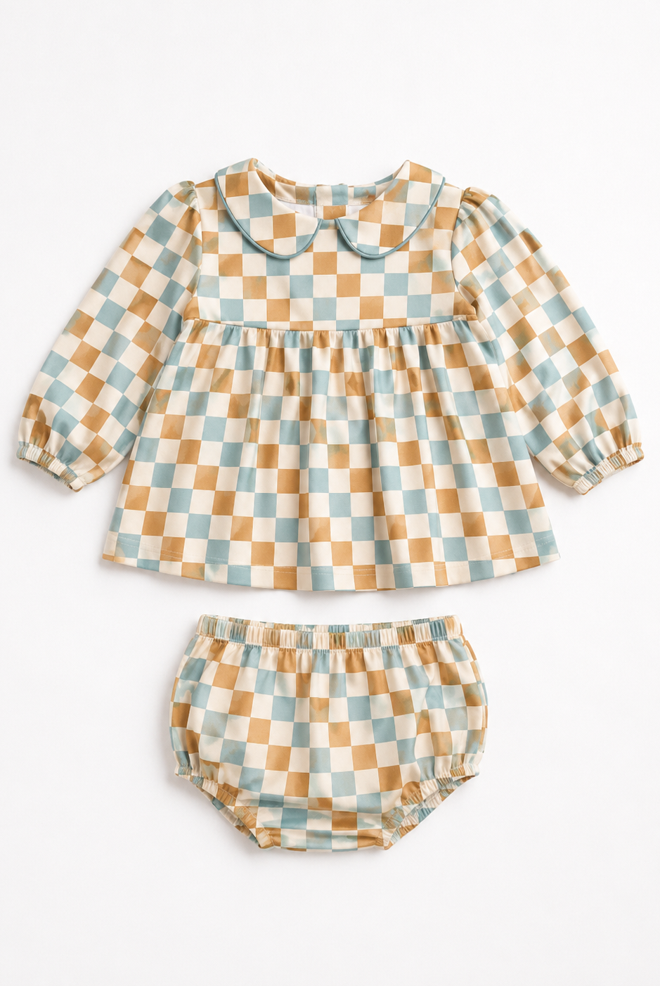Gabriella baby checker print dress and matching bloomer set on white background