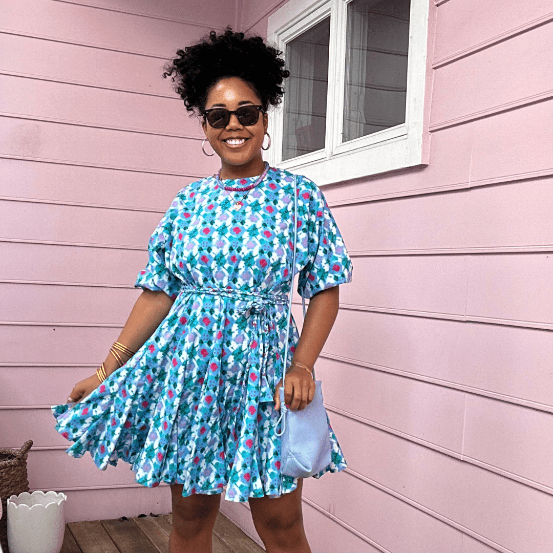 Girl in blue mini dress