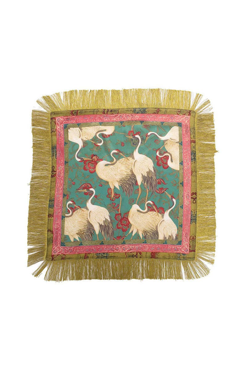Fringed Crane Print Square Scarf: GREEN / One Size-Briton Court