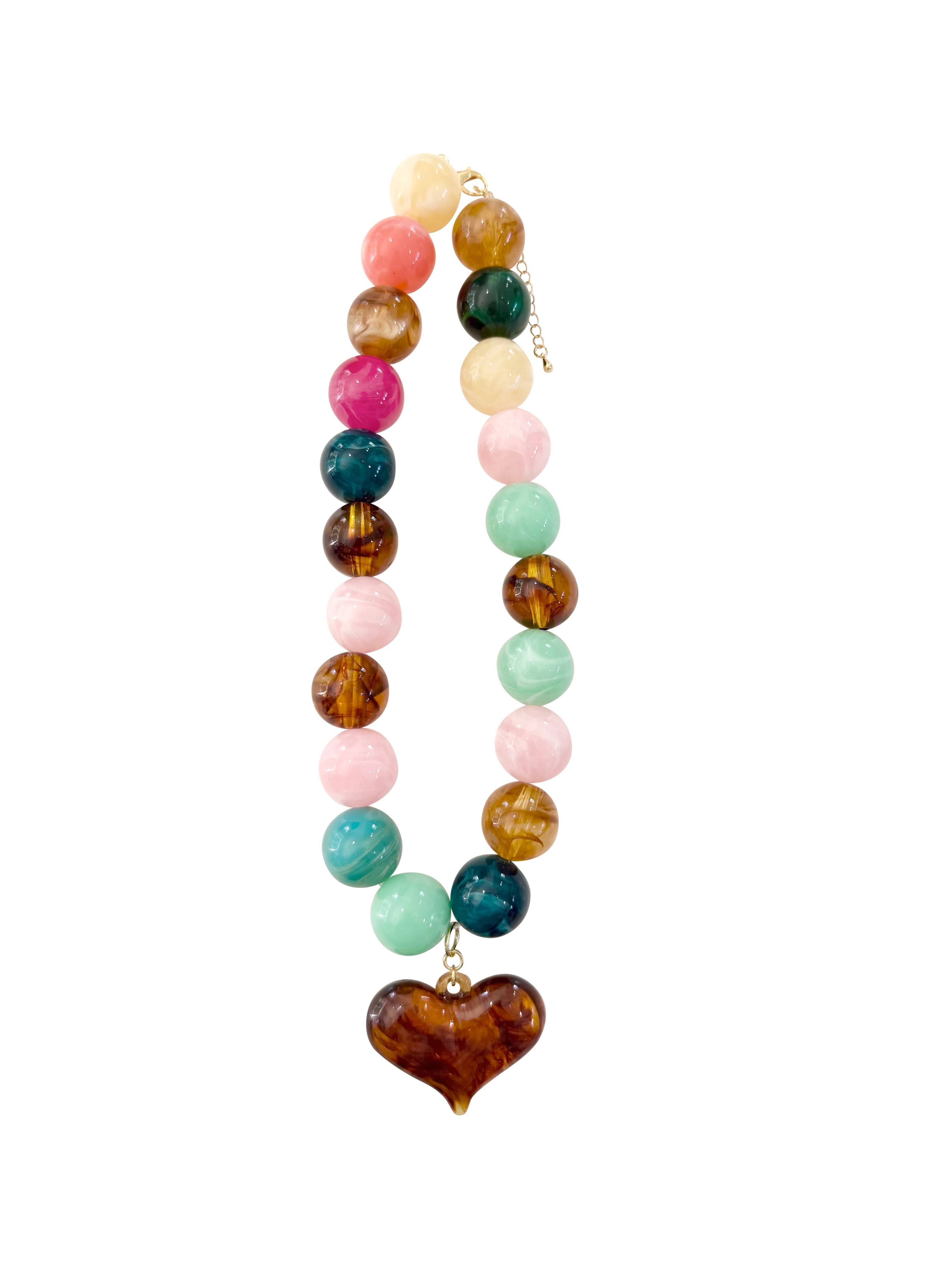 Ella Chunky Beaded Necklace with Heart Charm - Pink-Briton Court