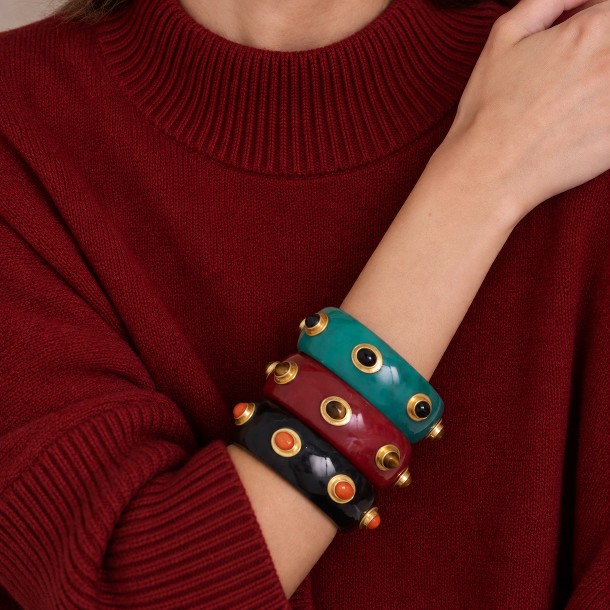 Renee Bangle In Malachite Resin And Black Onyx Stones-Briton Court