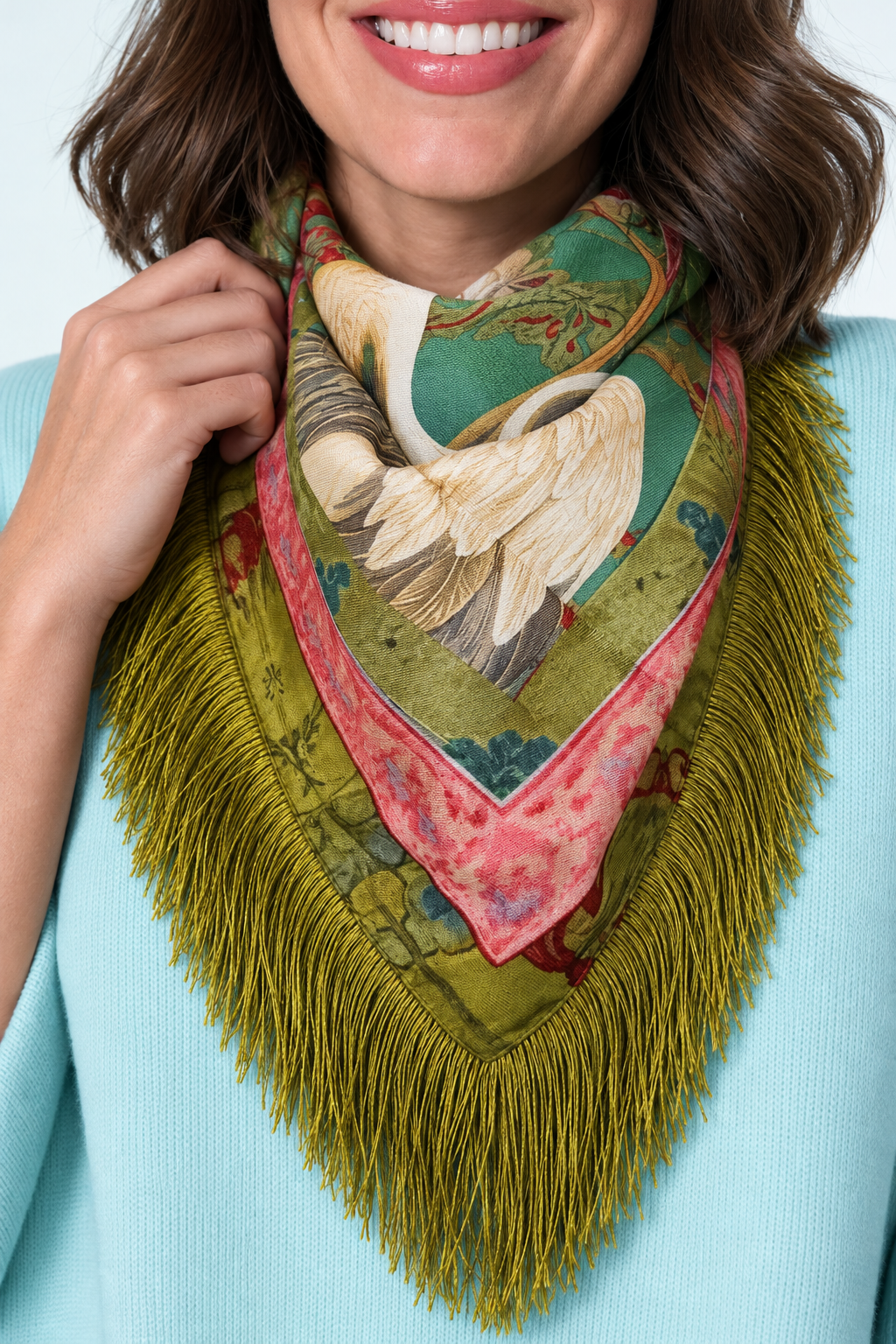 Fringed Crane Print Square Scarf: GREEN / One Size-Briton Court