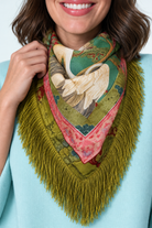 Fringed Crane Print Square Scarf: GREEN / One Size-Briton Court