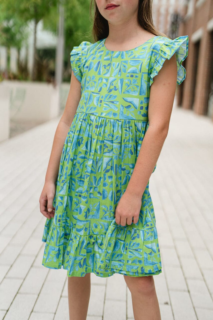 girls ruffle sleeve green printed dress - briton court