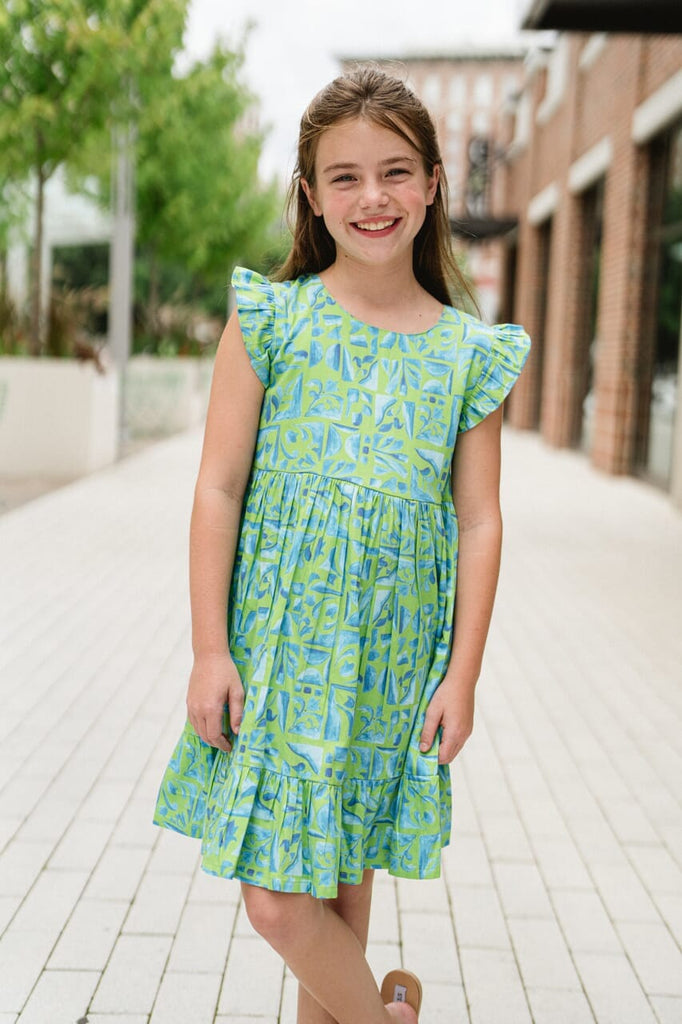 girls ruffle sleeve green printed dress - briton court