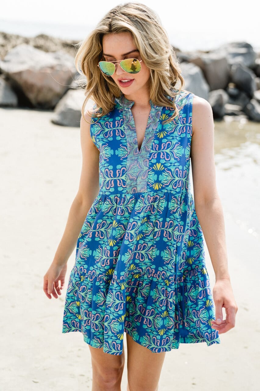 womens blue printed dress - briton court