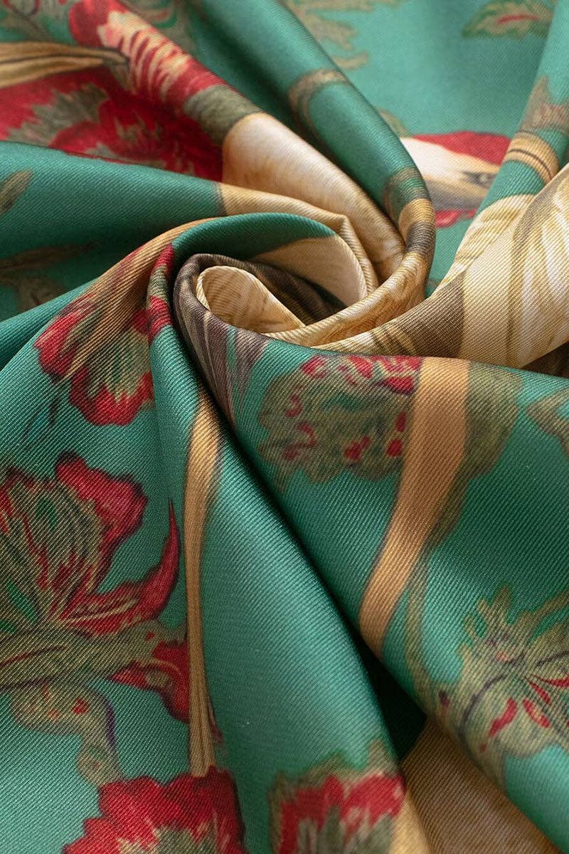 Fringed Crane Print Square Scarf: GREEN / One Size-Briton Court