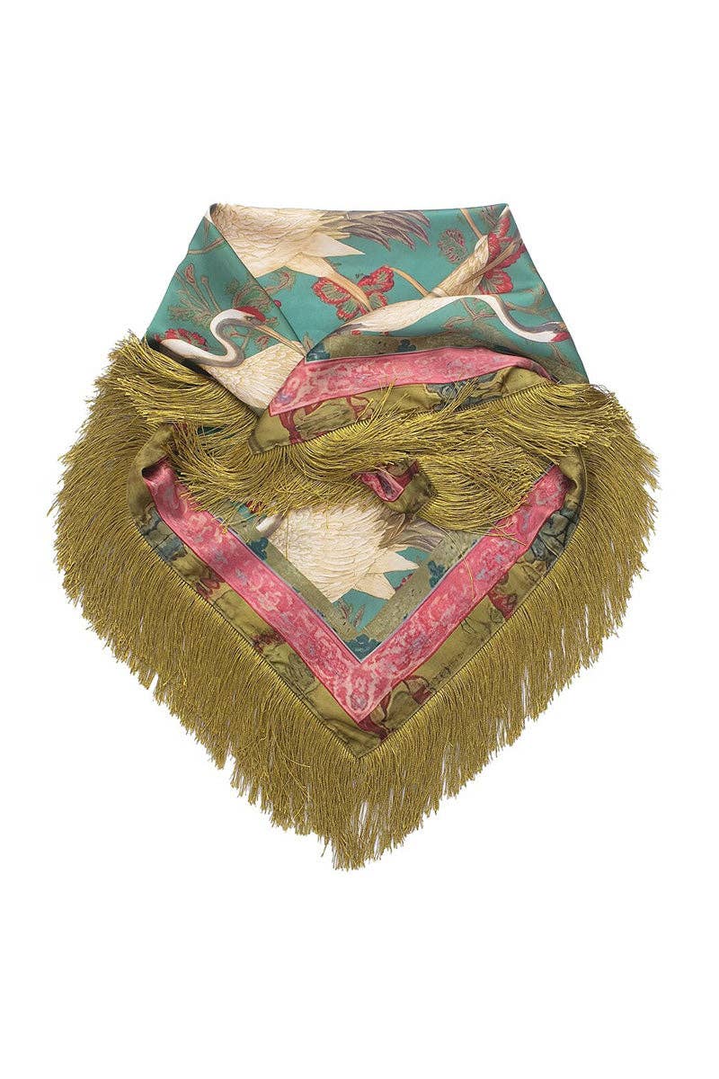 Fringed Crane Print Square Scarf: GREEN / One Size-Briton Court