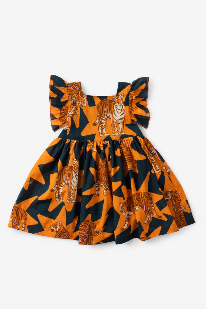 girls flutter sleeve purple tiger print dress - briton court