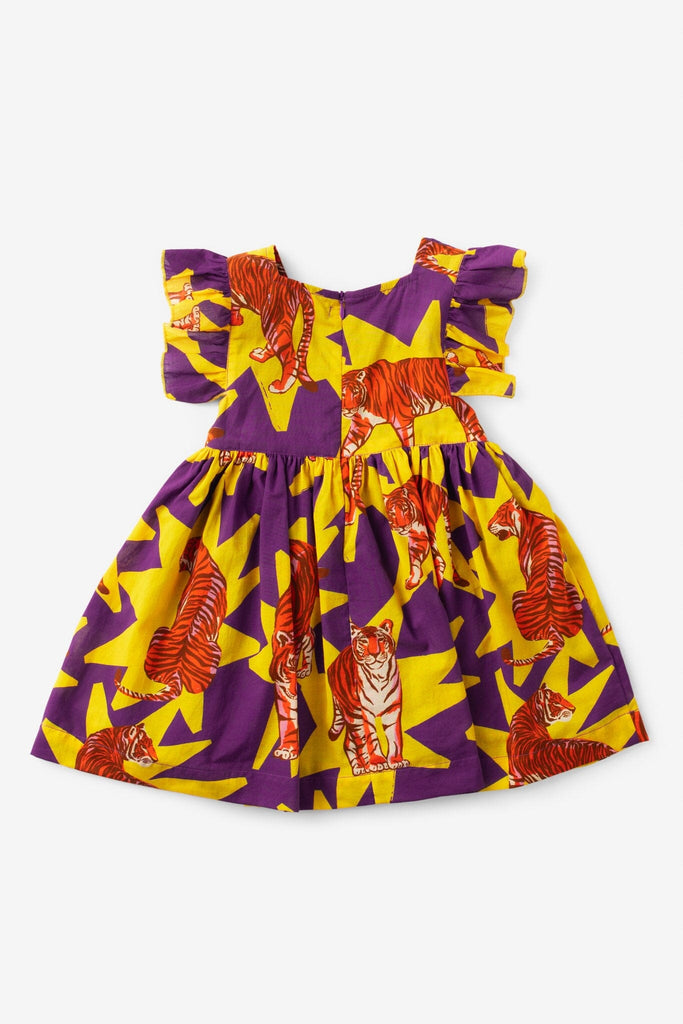 girls flutter sleeve purple tiger print dress - briton court