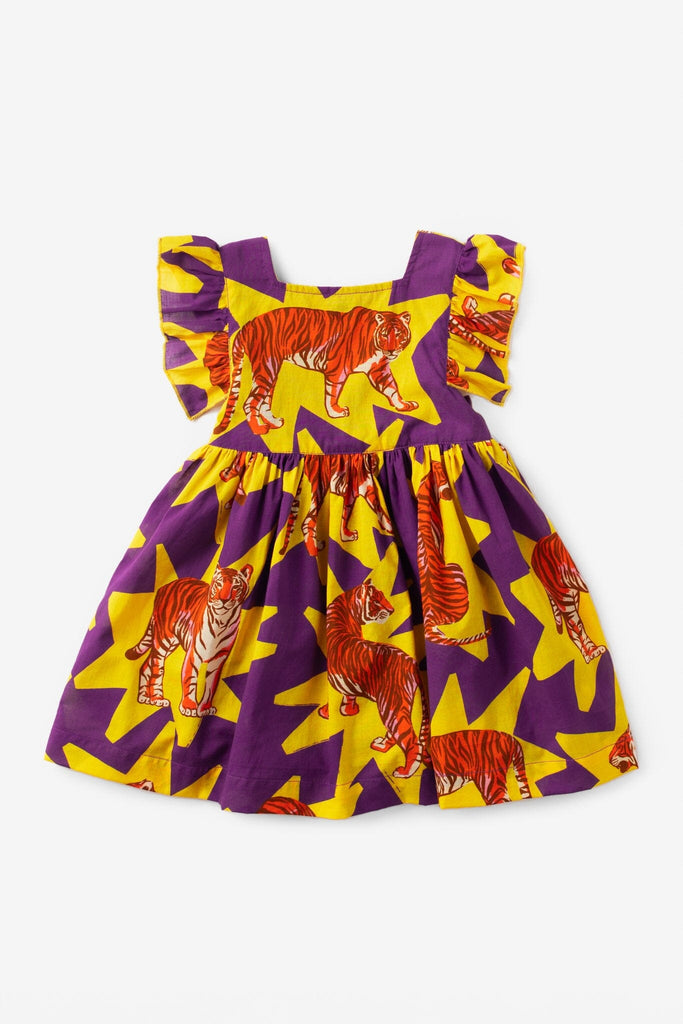 girls flutter sleeve tiger print dress - briton court