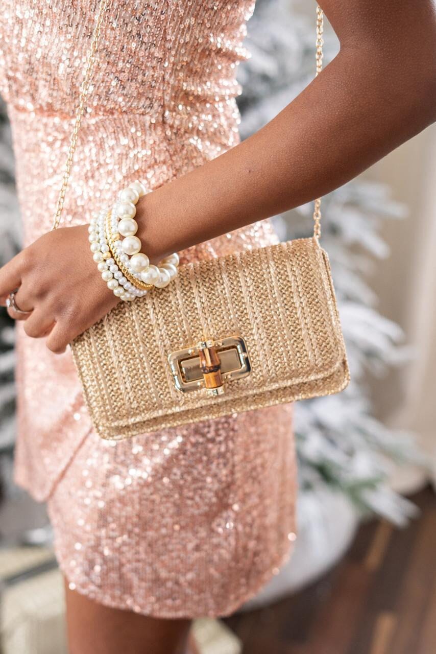 Lilly - Gold Woven Straw Clutch - Bamboo Toggle-Briton Court