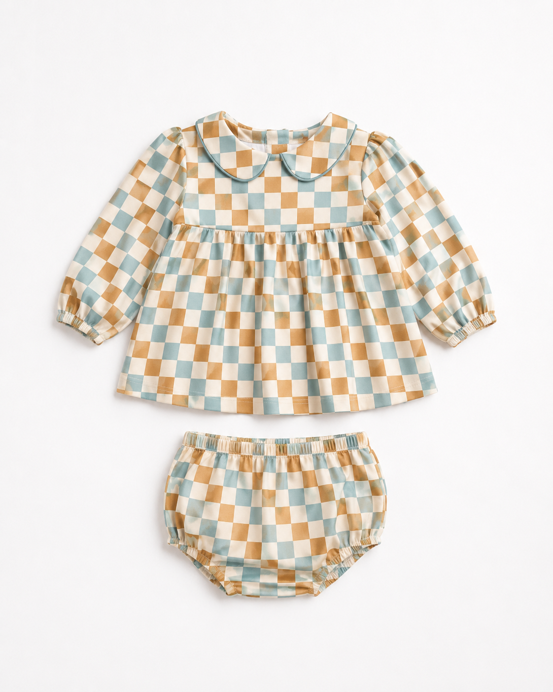 Gabriella baby checker print dress and matching bloomer set on white background