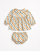 Gabriella baby checker print dress and matching bloomer set on white background