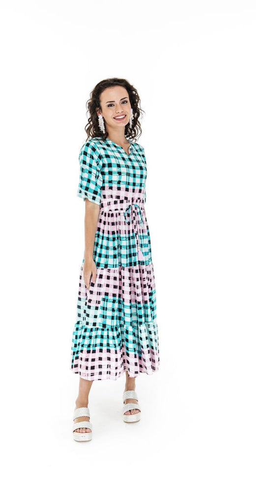 Woman in gingham maxi