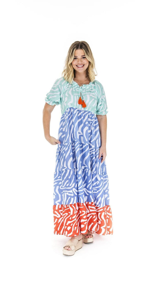 woman in colorblock printed maxi dress